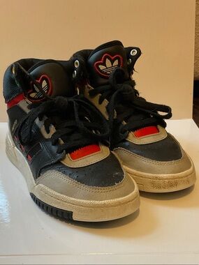 adidas Kids Black and Red High-Top Sneakers with Cream Accents